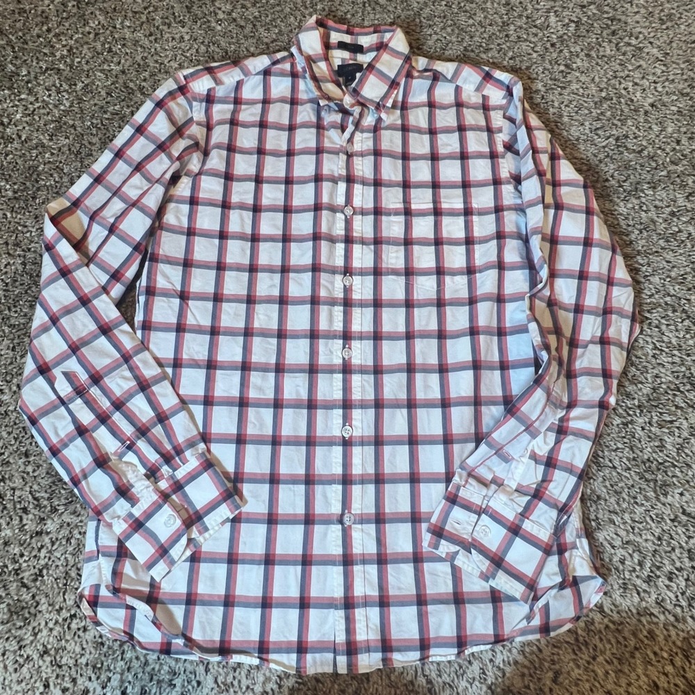 J.Crew Mens Slim Fit Plaid Button Down Shirt White Red Navy Blue Size Medium